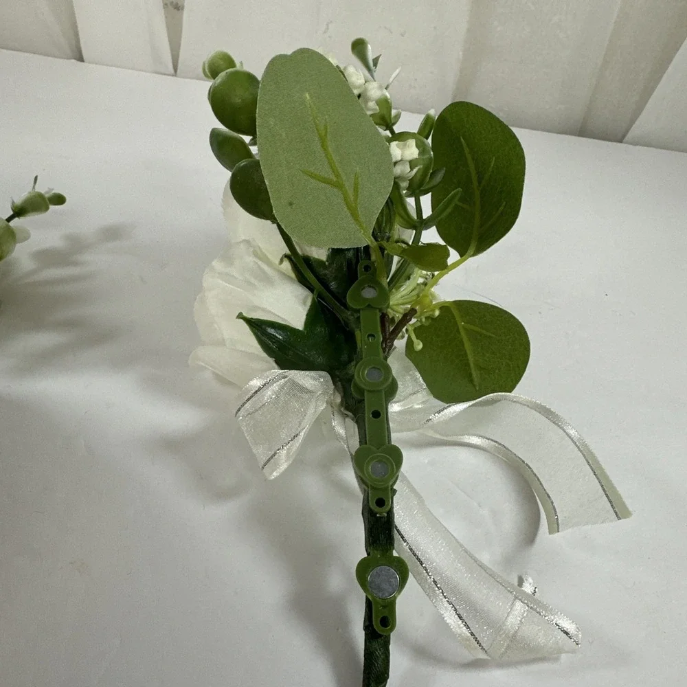 Corsage and Boutonniere Set Cream Ivory Roses Baby's Breath Greenery Handmade